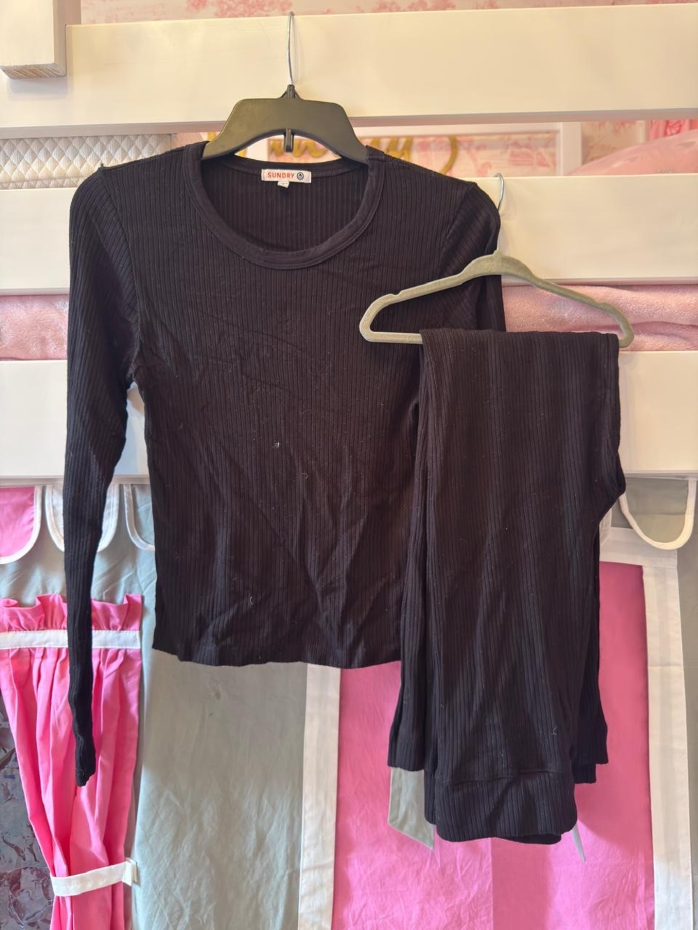 SUNDRY Ribbed Long-Sleeve Top & Leggings Set — Black Sz 0